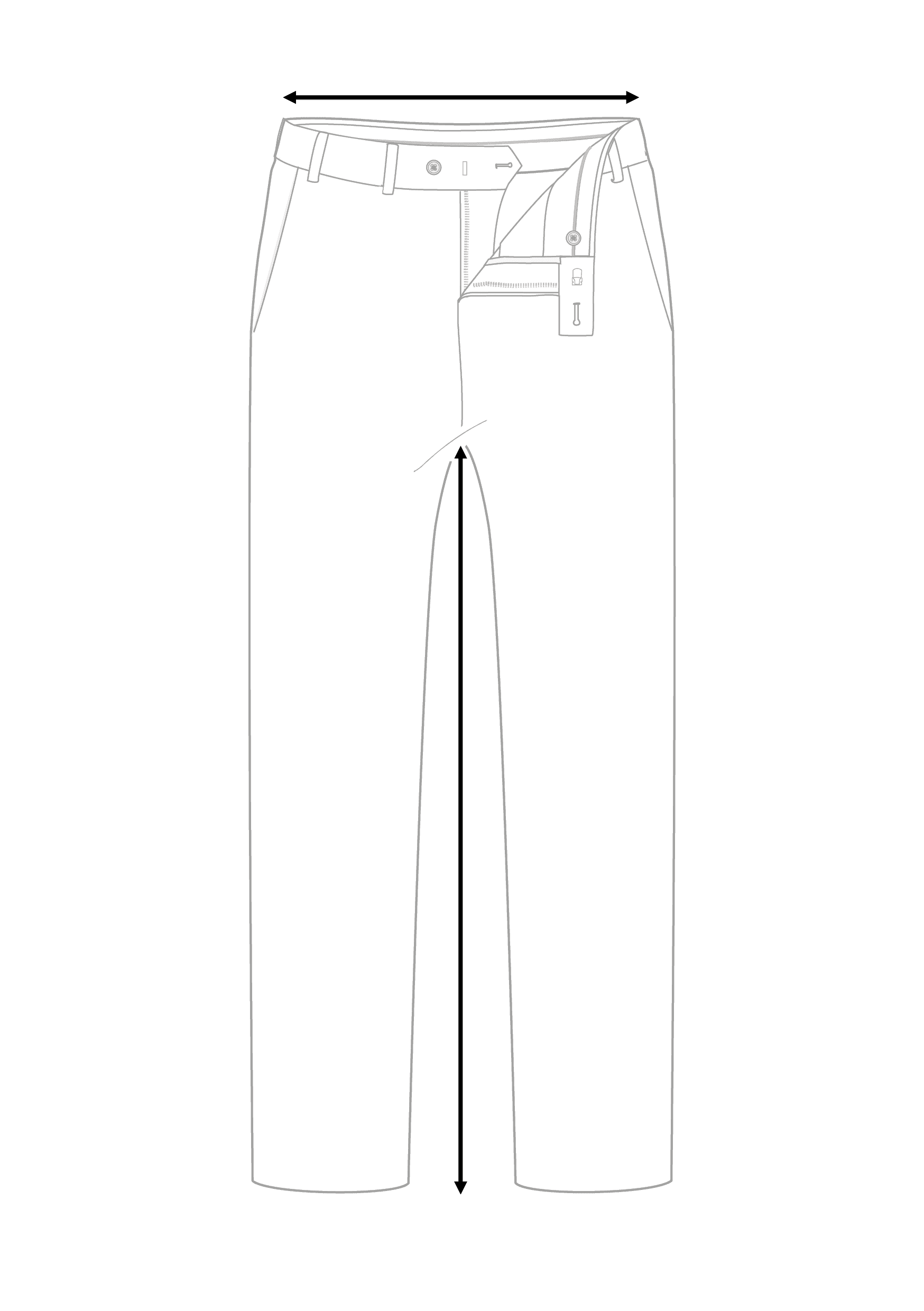 Eine Hose mit zwei Maßvorgaben zum korrekten ausmessen einer Hose. 1. Bundweite messen, 2. Schrittlänge messen